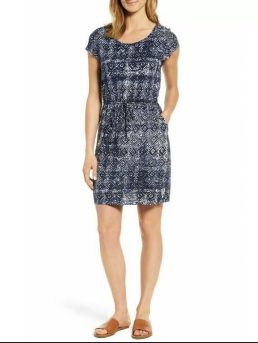 LIKE NEW Sz M Lucky Brand Navy Batik/Tile Print Dress Tie Waist Pockets